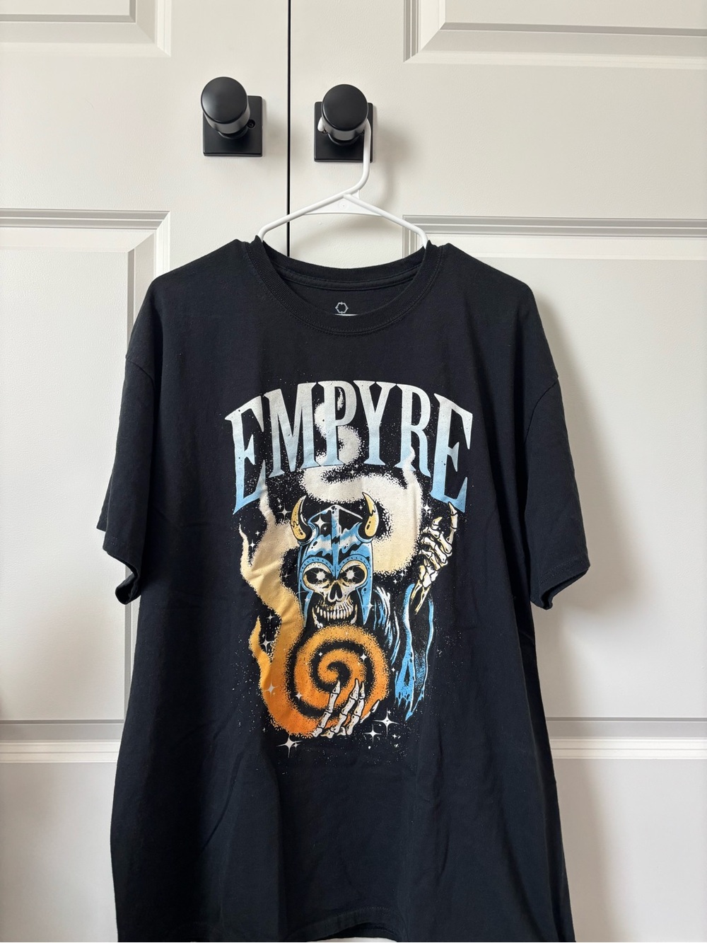 Empyre Black Tee with Blue Skull and Orange Spiral Graphic - Picture 1 of 2